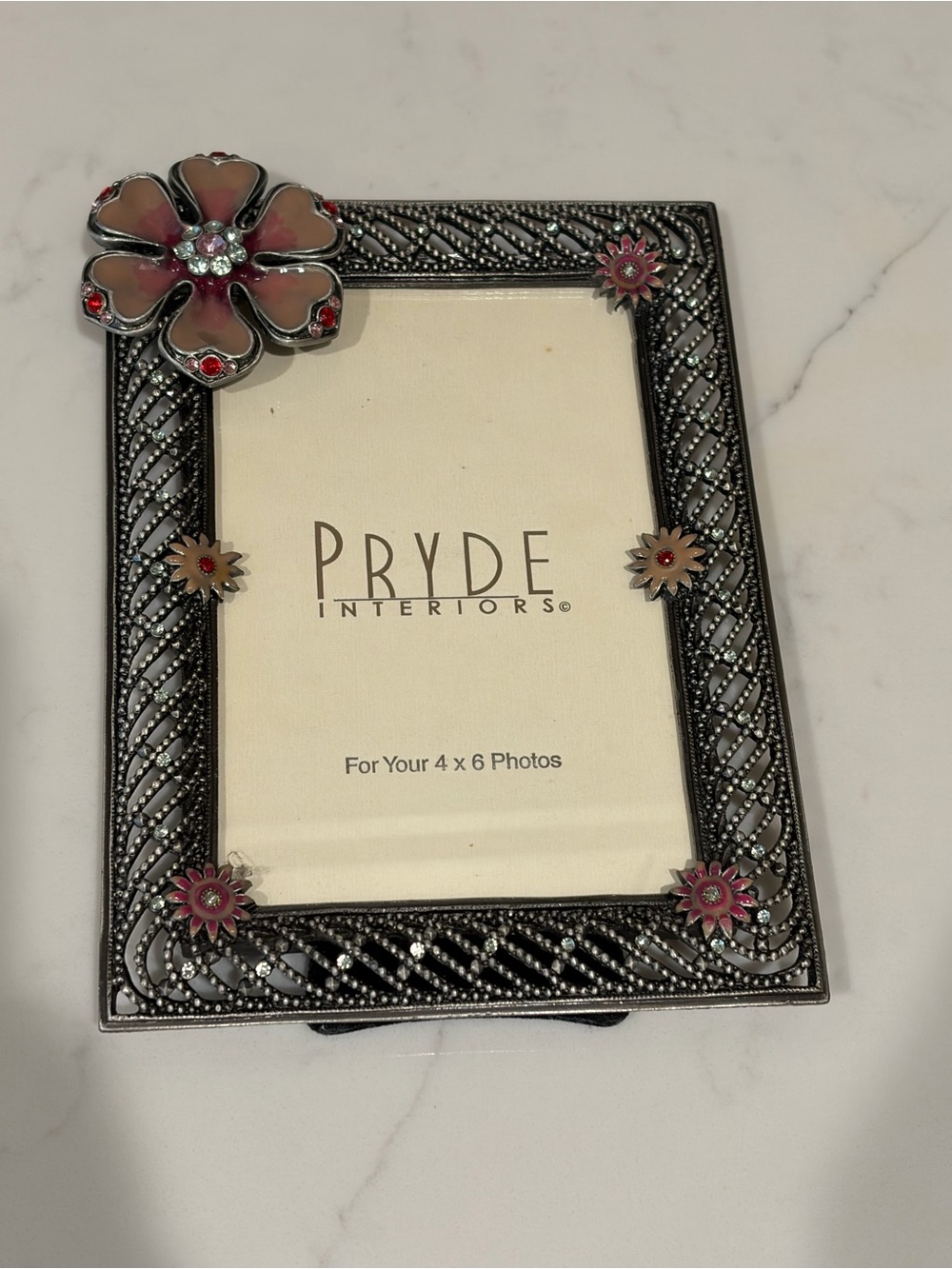 Vintage Pryde Interiors Floral Accent 4x6 Photo Frame-Gunmetal with Pink Flowers